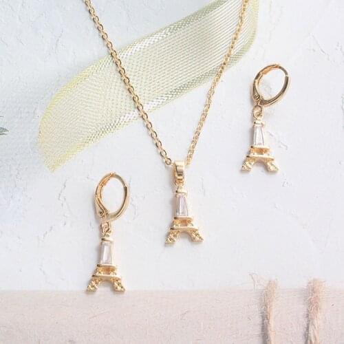 Cute Eiffel Tower Womens Earrings Necklace Jewelry Set Gold Color Crystal Chain Girl Gift Accessories Trends Wholesale KBS446