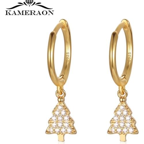 S925 Sterling Silver 100% Mini Christmas Xmas Tree Shape Hoop Earrings for Women Cute Gold Loop Circle Earrings Jewelry Gifts