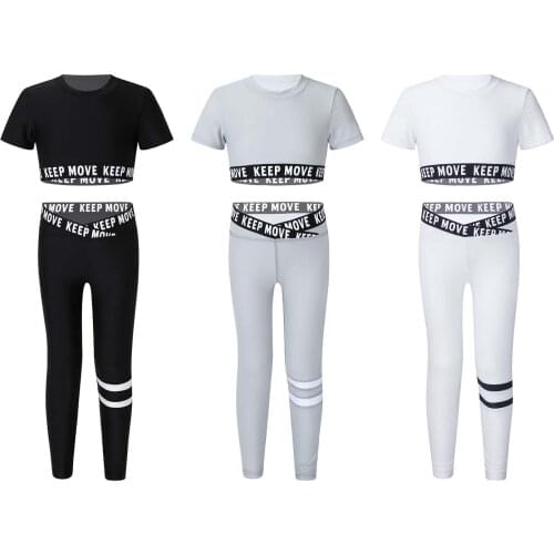 Kids Girls Gym Running Workout Clothes 2Pcs Yoga Sets Tracksuits Sport Suits Short Sleeve Letters Print Top Leggings Sportswear