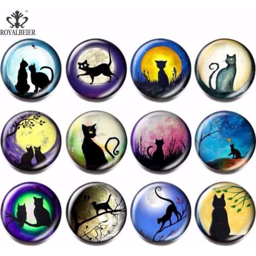 Royalbeier 12pcs/lot Vintage Cute Cat Pattern Glass Charms Fit 18mm Snap Button Glass Beads for Jewelry Making Wholesale Jewelry
