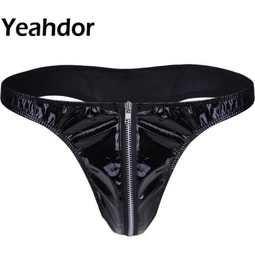 Men Sexy Lingerie Clubwear Patent Leather Briefs Bikini G-string Underwear Underpants with Front Zipper Erotic T Back Thong