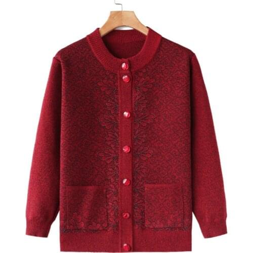 New Middle-aged Mom Womens Sweater Wear Round Neck Single Breasted Knit Sweater Ladies Cardigan Jacket Casual Sweater Coat Fall