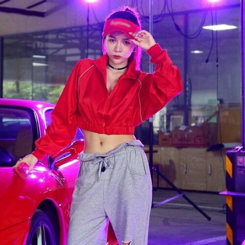 Hip Hop Dance Tops Women Red Cheerleader Costume Jazz Dance Clothing Sexy Stage Outfit DS DJ Clubwear Street Dance Wear DL7437