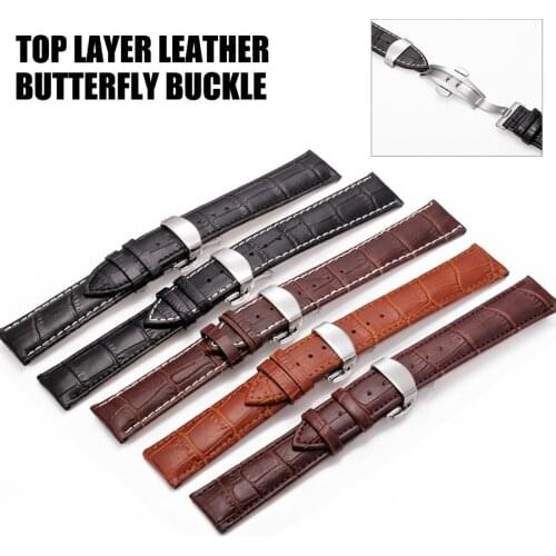 High Quality Genuine Leather Watchband Butterfly Buckle Bands Slub Grain Cowhide Strap Accessories 12 14 16 18 19 20 21 22 mm