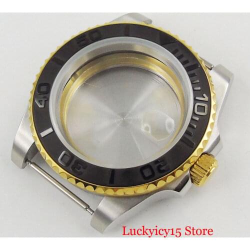 High Quality 40mm SS 40mm Watch Case with Gold Coated Edge Brushed Black Bezel Sapphire Glass Fit ETA 2836 MIYOTA 8215 Movement