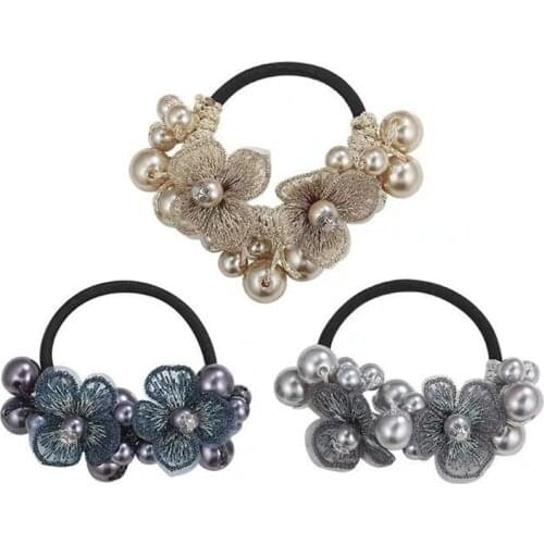 Women Simulated-pearl Embroidery Flower Crocheted Elastic Hair Band Vintage Rope Band Ponytail Holder Hair Tie Hair Accessories