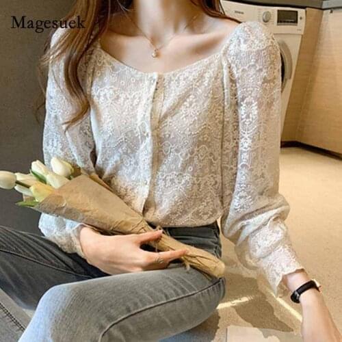 Women Korean Style Hollow Long Sleeve Shirt Vintage Woman Blouse 2020 Autumn Fashion V-neck Crocheted Tops Blusas Mujer 11082