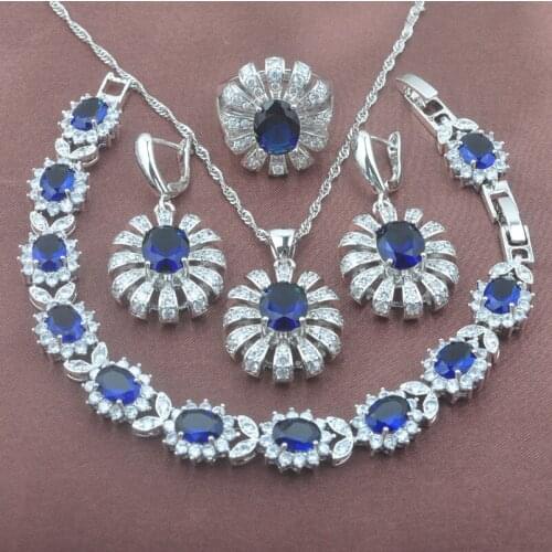 Flawless Blue Zirconia Womens Silver Color Crystal Jewelry Sets Bracelet Necklace Pendant Earrings Ring Russian Style YYZ089