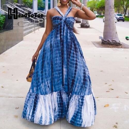 Geometric Gradient Print Fashion Beach Style Dresses for Women Sleeveless Halter Floor Length High Waist Loose Dress Women