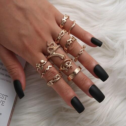 11 Pcs/pack Bohemian Dripping Oil Vintage Geometric Ring Full Diamond Shining Snake-shaped Combination Knuckle Ring