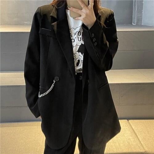 2021 Solid Street Black Apricot Blazer Jacket Chain Womens Loose Office Ladies Casual Female Overcoat Hiphop Suits Outerwear