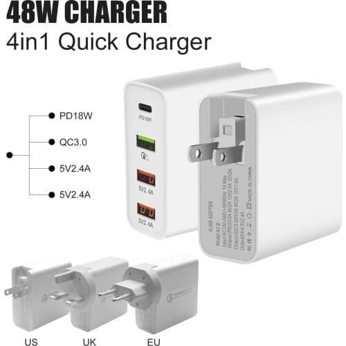 5 PCS 48W 4 Ports Fast Charger with PD Type C USB 3.0 Interface Quick Charging Power Adapter