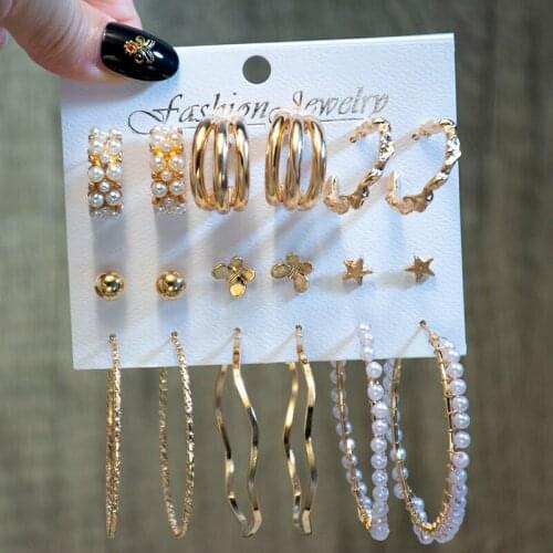 6/9 Pairs Metal Gold Big Hoop Earrings for Women Jewelry Set Geometric Circle Crystal Pearl Piercing Earings Femme Trendy 2021