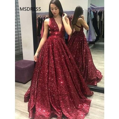 Burgundy Evening Dresses 2019 Off the Shoulder V-Neck Sequined Ball Gown Dubai Saudi Arabic Long Evening Gown Formal Dress