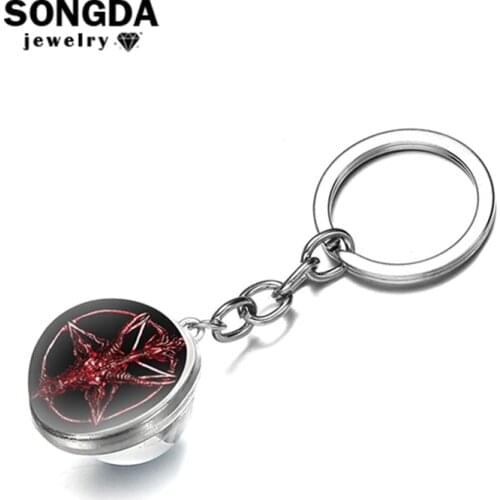 SONGDA Baphomet Key Chain Pagan Hail Satan Baphomet Goat In Pentagram Keychains Glass Ball Key Chain Holder For Ladies Wholesale
