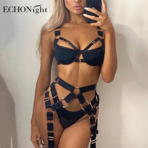 Echonight Womens Underwear Gothic Sensual Lingerie 3 Piece Sets Black Setup Ladies Push up Erotic Fancy Bilizna Set Langerie