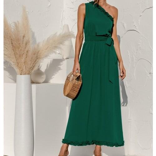 Elegant One Shoulders Party Maxi Dresses Women Sashes Ruffles Summer Sundress Solid Color Girl Sleeveless 2021 Long Dress