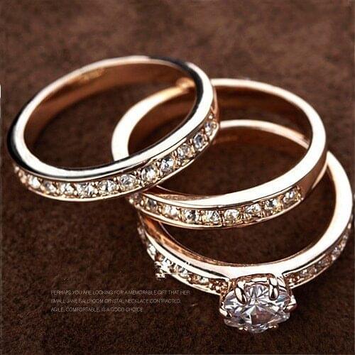 Hotsale Romantic gift Gold Color 3 IN 1 Cubic Zirconia Wedding Ring Set for women wholesale jewelry price