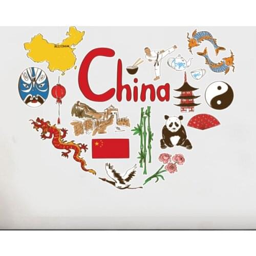 China Chinese Heart shaped Illustration Travel Word Landmark Wall Sticker Wedding Decor Vinyl Waterproof Wallpaper Wall Decal