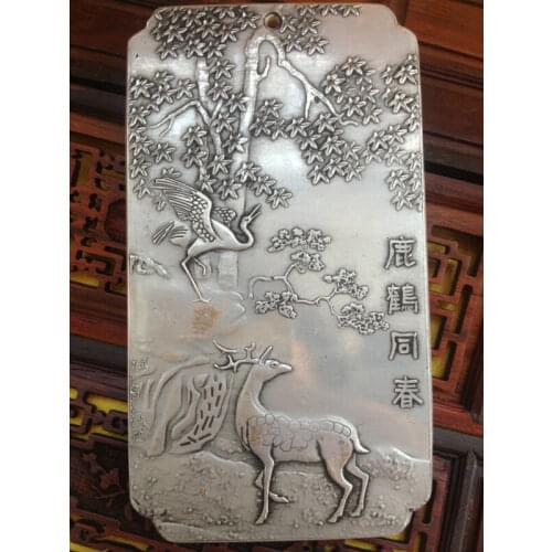 Chinese Deer Old Crane with Spring tibet Silver Bullion thanka amulet 135g