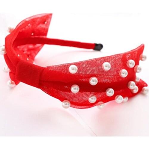 Red Mesh Bow Knotted Headbands Pearls Women Wedding Party Mesh Hairbands Solid Ladies Party Headdress Bowknot Headbands