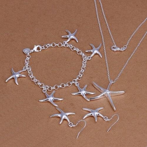 N925 silver color starfish three-piece star foreign trade ladies suit jewelry trade, necklace bracelet earrings set S124