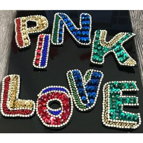 Letter Beads Rhinestone Iron Sew On Patches For Clothing Bags Alphabet Embroidery Name Decoration Accessories