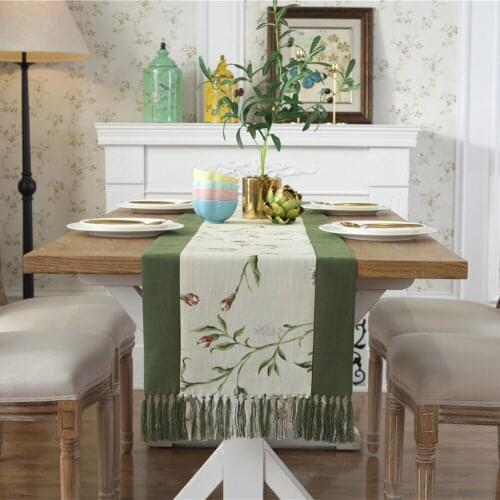 Green Cotton and Linen Table Runner High Quality Bed Flag with Tassel Print Flowers Wedding Room Decoration Table T251