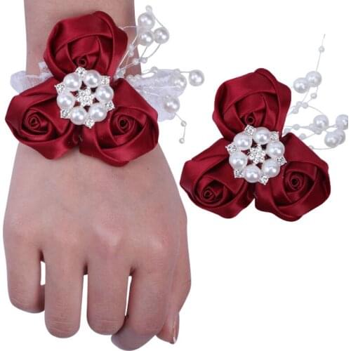 New Groom Lapel Pin Bride Wrist Corsage Elastic Bracelet Rhinestone Ribbon Rose Handmade Wedding Props T050S
