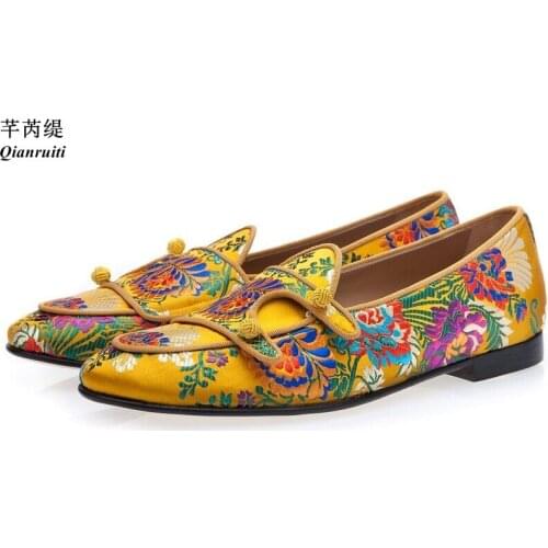 Qianruiti Fashion Shoes Men Floral Embroidered Double-Monk Loafers Mixed Color Jacquard Silk Flats Shoes Casual Shoe Yellow Red