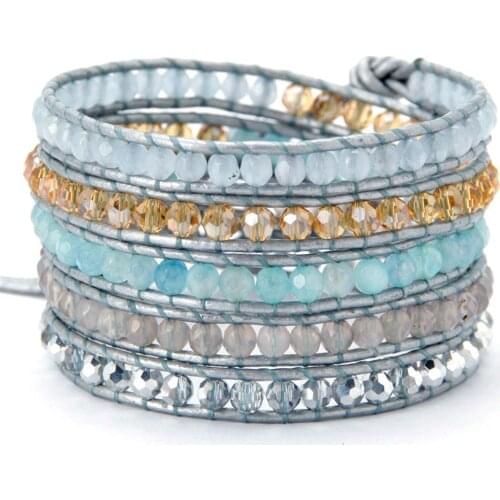 High End New Semi Precious Stone With Crystal Leather Wrap Bracelet Natural Stones Rhinestone Beaded Girls Bracelet