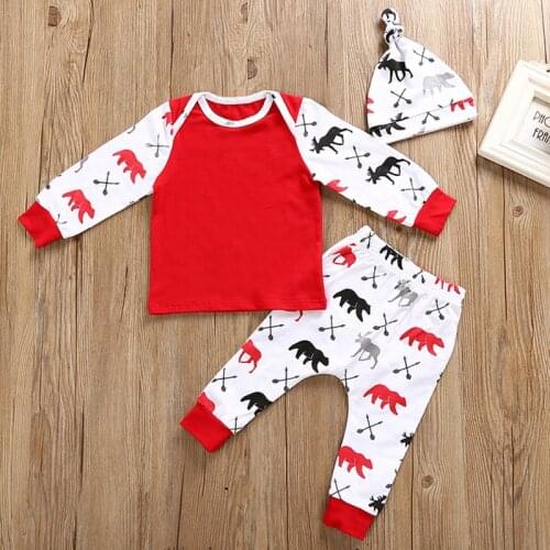 Christmas Baby Boy Clothes Set 100% Cotton Newborn Tee Shirts Pant Hat 3PCS Clothing Suit Infant Jumpsuits Pajamas Deer Bear 0-2