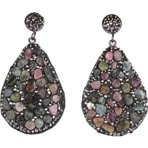 Natural Tourmalated Quartz Crystal Stone Bead Black Rhinestone Big Water Drop Leather Pendant Charm Dangle Earring For Women