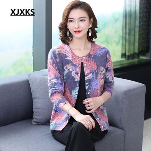 XJXKS Women Print Sweater Cardigan Spring Winter 2020 New Plus Size High Quality Mink Cashmere Knitted Sweater Women Cardigan