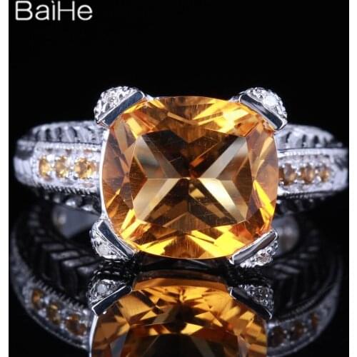 BAIHE Sterling Silver 925 5.85ct Certified Flawless Cushion Citrine Wedding Women Vintage Fine Jewelry unique gift Citrine Ring