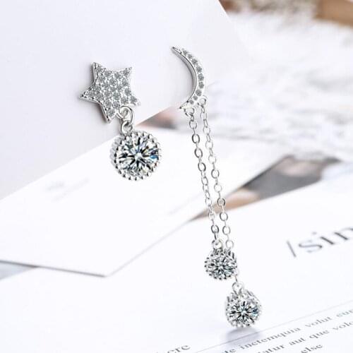 2020 Asymmetry Zircon Star Moon Tassel Stud Earrings For Women Jewelry Fashion 925 Silver Earring Lady Party Accessories KOFSAC