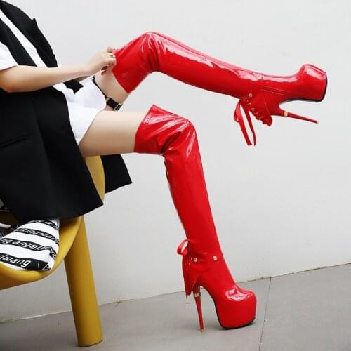 Womens Round Toe Patent Leather Over The Knee Boots Stilettos Platform High 16CM Heel Detachable Tube Ankle Shoes Plus Sz