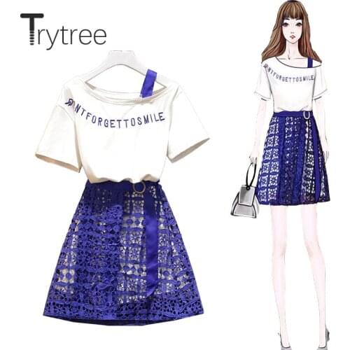 Trytree 2020 Summer Women two piece set Casual Slash neck Letter Loose Tops + Skirt Mini Hollow Out Belt Fashion 2 piece Set
