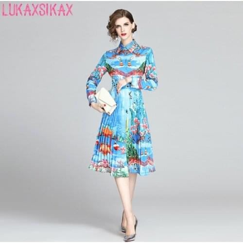 New Spring Autumn Women Turn-down Collar Long Sleeve Dress Gorgeous Wonderland Pattern Print Elegant Slim Pleated Dress