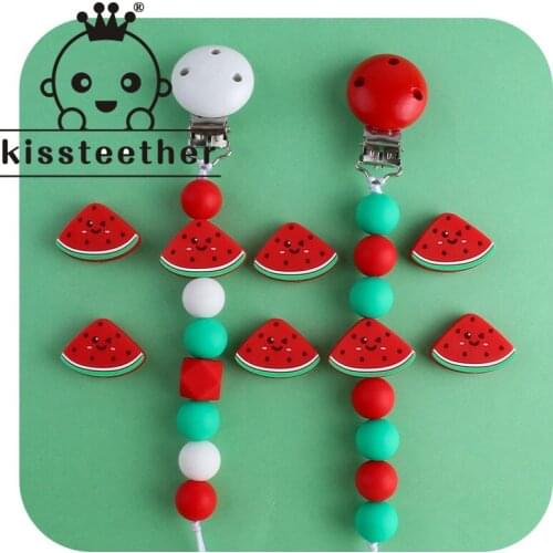 Kissteether 1pcs Food Grade Silicone Beads Red and White Watermelon No BPA Baby Nipple Holder Chain Pacifier Clips Bath Gift