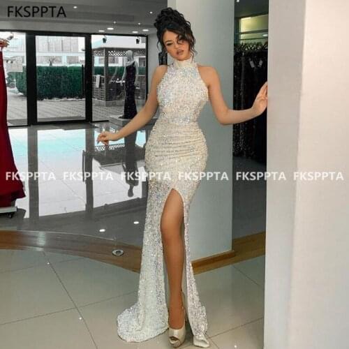 2021 Mermaid Long Prom Dresses High Neck Side Slit Sequin Party Gowns Custom Made Women Prom Gowns Robe De Soiree