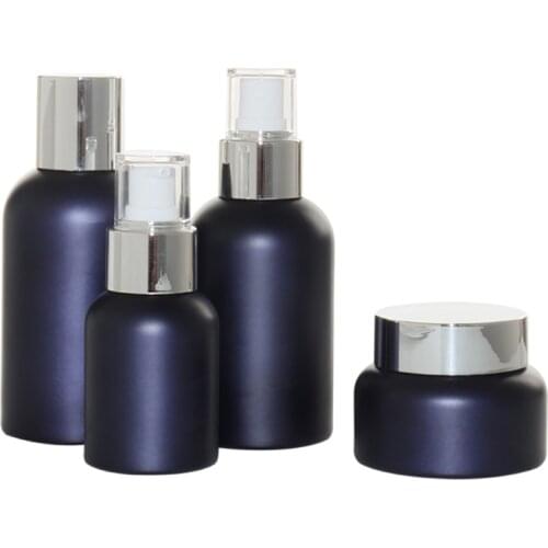 50G Cream Jar Empty Matte Frost Dark Blue Glass Spray Lotion Pump Bottle Silver Lid 40ML 100ML 120ML Cosmetic Containers 8pieces