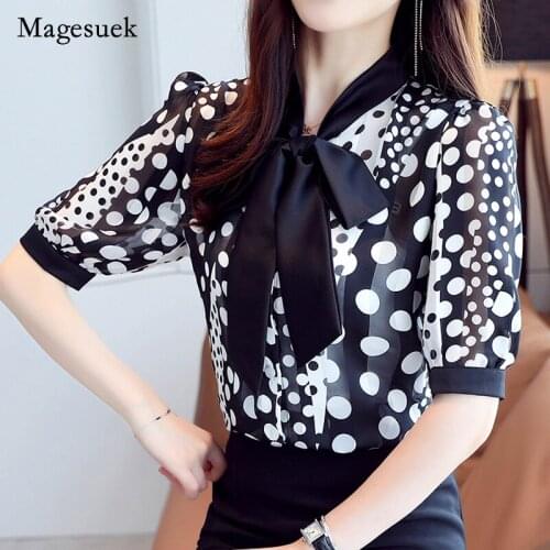 White Loose Slimming All-match Womans Shirts OL Style Cardigan 2021 Summer New Bow Tie Collar Polka Dot Chiffon Blouse 10174