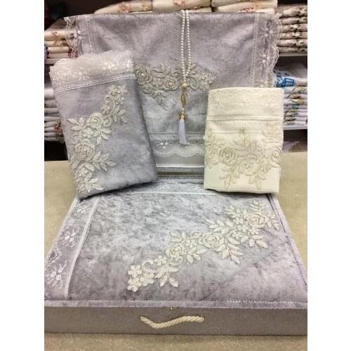 French Filet Lace Coffer Prayer Rug Set Velvet Bundle Set Gray
