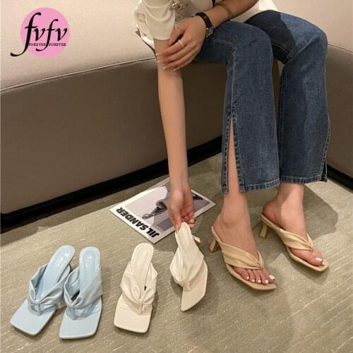 [fvfv]Summer New Braiding Slippers Square Toe High Quality Woven PU Leather High Heels Gladiator Sandals Womens Slides Shoes 41