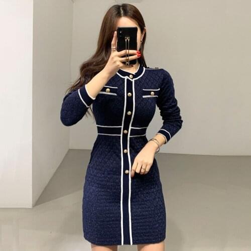 Korea Chic Western Style Round Neck Trim Contrast Color Chic Single-breasted Diamond Texture Slim Waist Knitted Dress