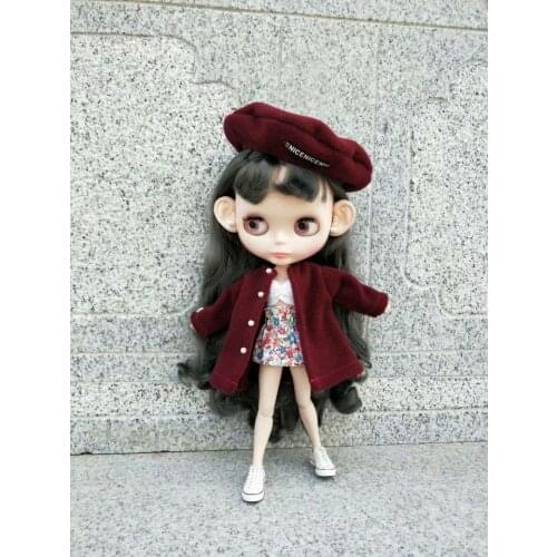 Blythes doll dress 1/6 size fashion Burgundy woolen coat + white breast wrap + floral waist skirt + Burgundy woolen beret suit