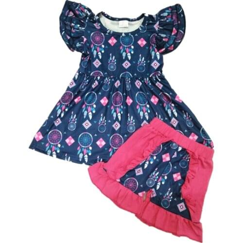 Summer 2pcs Baby Girls Outfits Dreamcatcher Pattern Print Tunic Shorts Kids Boutique Clothing