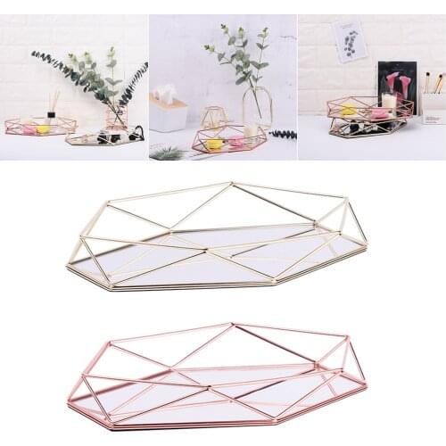 Three-dimensional Wrought Iron Storage Tray Nordic Minimalist Rose Gold Mirror Bottom Hexagonal Tray Home Decoration