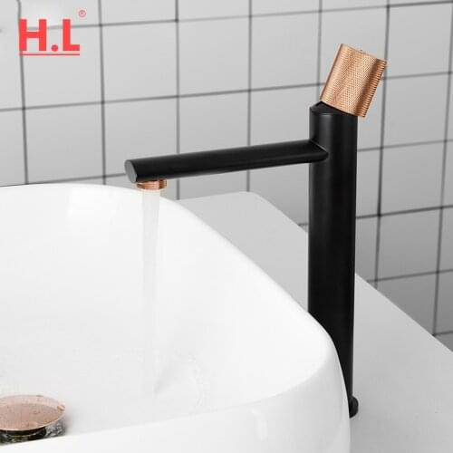 Matt Black & Gold Rose Faucet 100% Brass Bathroom Basin Faucet Knurling Design Deck Mounted Water Mixer Tap Brushed Gold